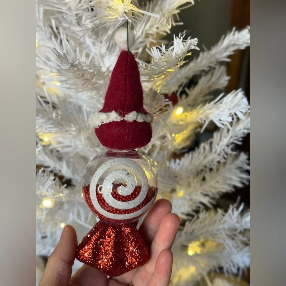 Gnome Glittery Swirl Red and White Santa Large Ornament